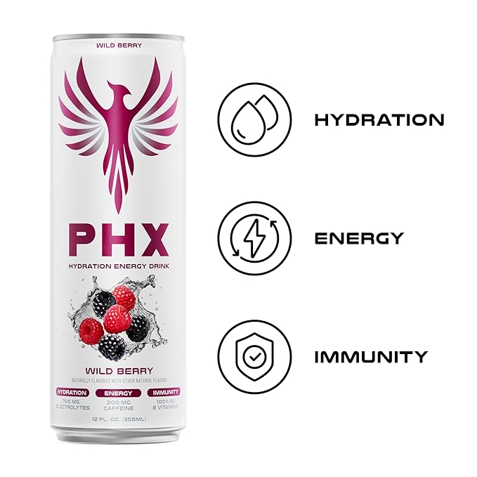 PHX Hydration Energy Drink - 700mg Electrolytes, 200mg Natural Green Tea Caffeine, 100% Daily Value 8 Essential Vitamins - 12 oz Cans (12 Pack) (12 Pack, Wild Berry)
