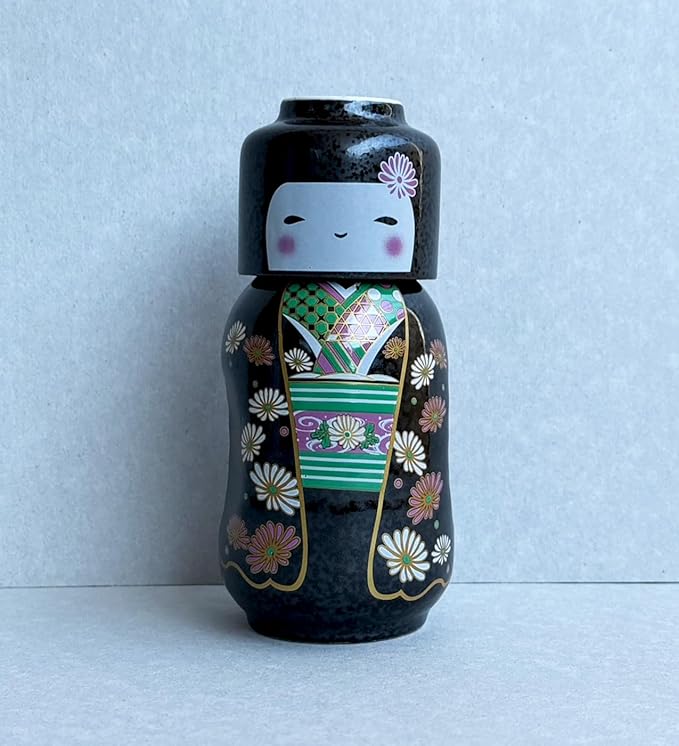 Japanese Traditional Kokeshi Design Sake Wine Soju Ceramic Set with 1 Ochoko Cup and 1 Tokkuri Bottle Gifts (Kokeshi Kiku Komachi)