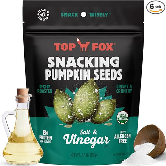 Top Fox Snacks Pumpkin Seeds to Eat (Salt & Vinegar, 3.5 oz – 6 Pack) - Gluten Free Snacks, Healthy Protein Snacks, Keto Friendly Snacks, Allergen Free Snacks, Paleo & Vegan - Organic Pop-Roasted