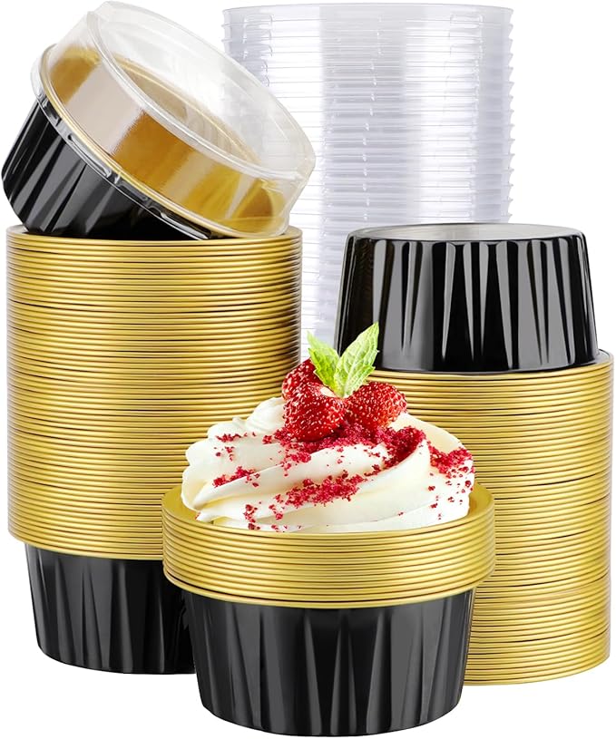 EUSOAR Aluminum Baking Cups, 120pcs 5oz Disposable Mini Foil Cupcake Liners Ramekins Cups with Lids for Baking, Aluminum Dessert Cheesecake Creme Brulee Cups Pan Containers for Oven-Black&Gold