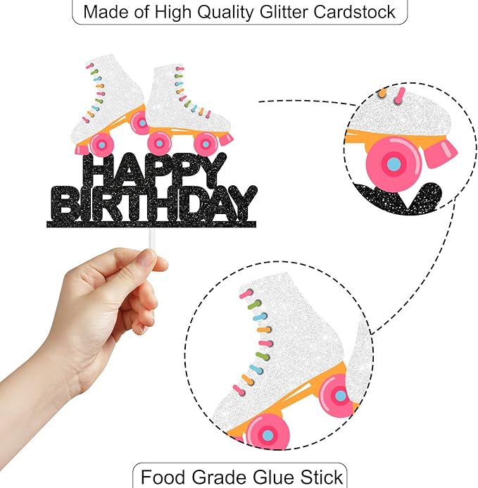 White Roller Skating Happy Birthday Cake Topper - Neon Roller Skating Party Retro Rock Disco Themed Party Decoration Supplies for Boys or Girls - SugarGera