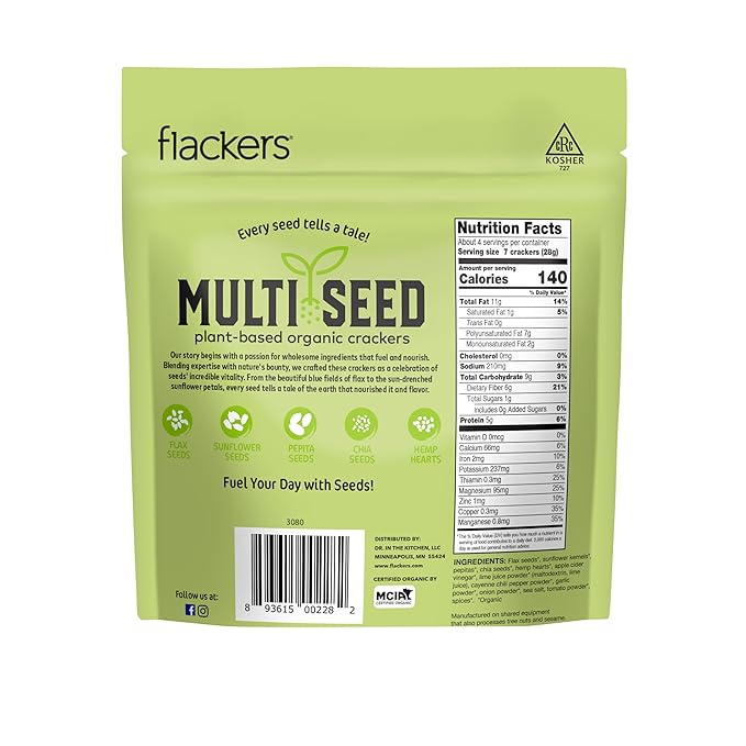 Flackers Organic Spicy Chili Lime Multi-Seed Crackers, 4 Ounce 6-Pack, Gluten Free, Non GMO, Vegan, Keto Snack, 5g Protein, 6g Fiber, 3g Net Carbs