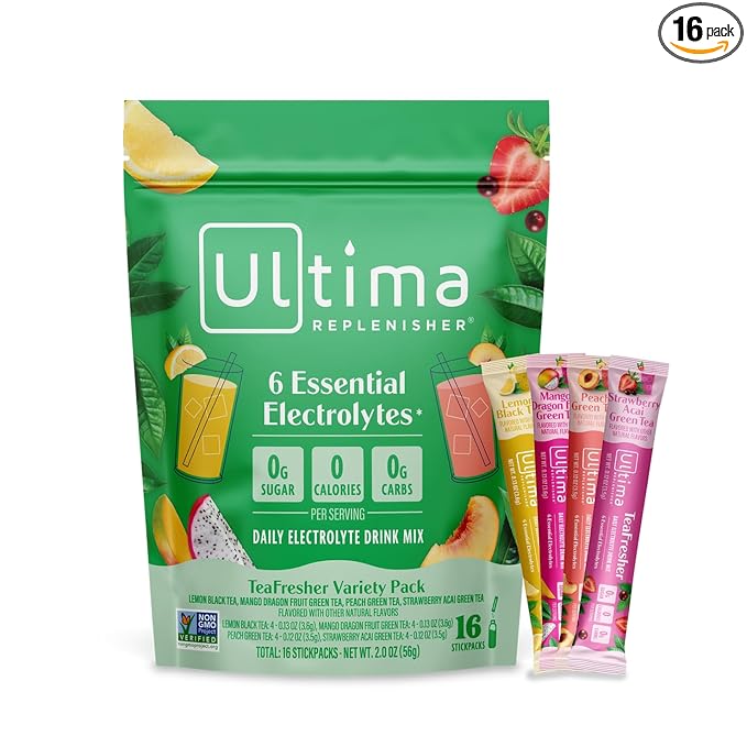 Ultima Replenisher TeaFresher Daily Electrolytes Powder and Instant Tea Mix ??Sugar Free ??Variety Pack, 16 Stickpacks - Hydration Packets with 4 Fruit and Tea Fusions, 6 Key Electrolytes
