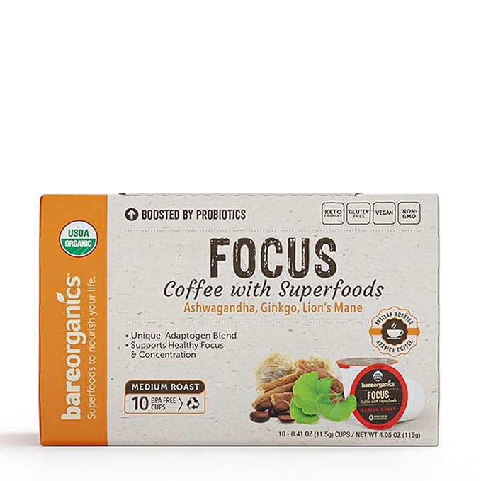 BareOrganics 13180 Focus Coffee with Superfoods, Organic Probiotic Coffee, 10 Single Serve Cups