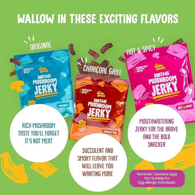 The Daily Good Mushroom Jerky - 3-Pack Snacks, Yummy High-Fiber Mushroom Snack, Meatless & Gluten-Free Food, Contains Eggs, Made from Shiitake Stalk, 0.58 lbs., Vegetarian, Charcoal Grill (BBQ Flavor)