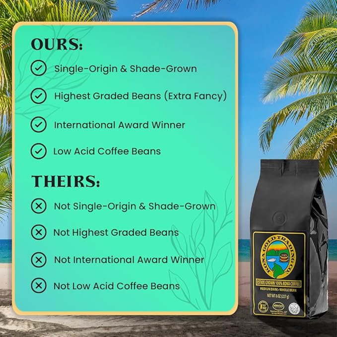 8oz 100% Kona Coffee Whole Beans by Kona Gold Rum Co. - Extra Fancy Freshly Roasted Medium/Dark Roast, Peach Notes with Cream Tones - Kona Coffee Whole Bean