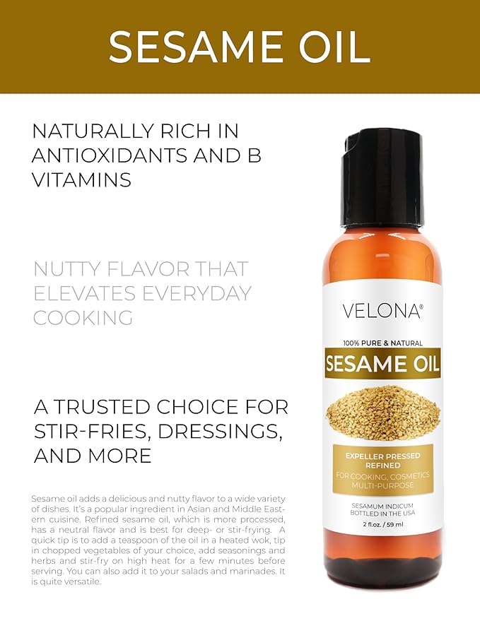 Sesame Seed Oil by Velona - 2 fl oz | 100% Pure and Natural Carrier Oil | Refined, Expeller Pressed | Cooking, Skin, Hair, Body & Face Moisturizing | Use Today - Enjoy Results