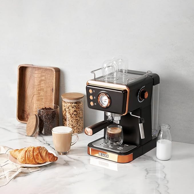 HADEN Barista Brew Espresso Coffee Machine, Stainless Steel Espresso Maker with Milk Frother and Steamer Function and 1.5L Water Tank, Black & Copper