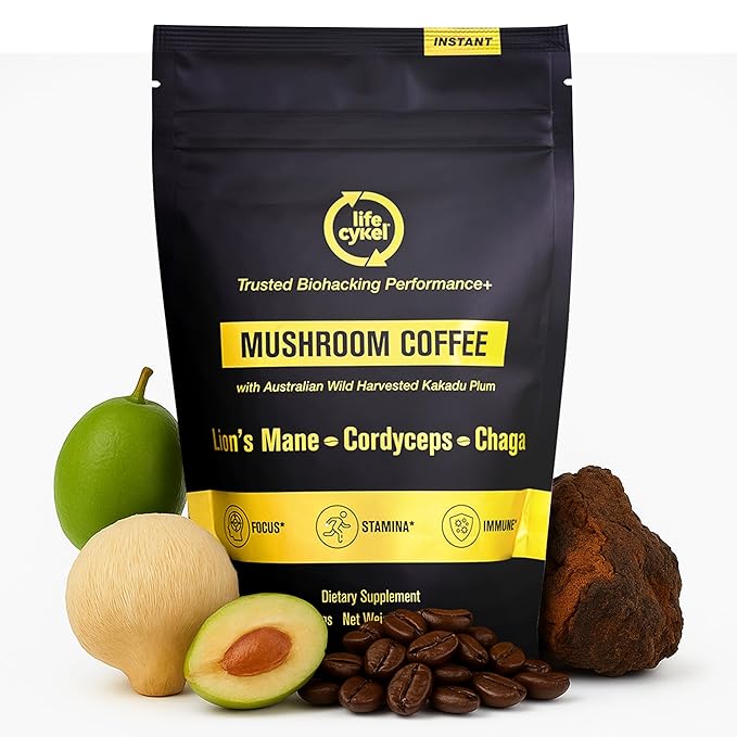 Lifecykel Mushroom Coffee – Arabica Blend with Lion’s Mane, Chaga Extract, Cordyceps & Kakadu Plum | Focus | Adaptogenic, Smooth & Jitter-Free | 106 mg