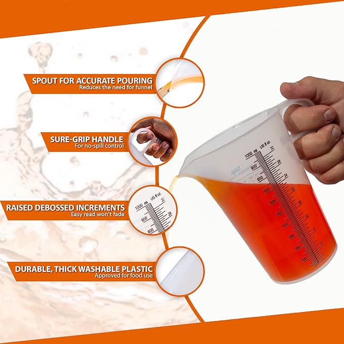 32oz (1 Quart) Measure Pitcher with Convenient Conversion Chart ??Extra Strong Food Grade ??Great for Cooking, Home Hobbies, Shop Oil and Fluids, Spa Chemicals with High Chemical Resistance by Turnah