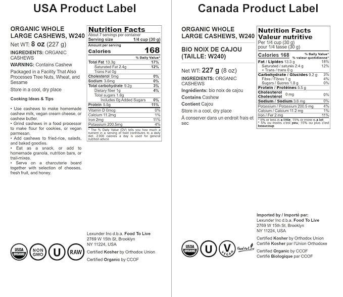 Food to Live Organic Cashews, 8 Ounces ??Whole, Size W-240, Unsalted, Non-GMO, Kosher, Raw, Vegan, Bulk