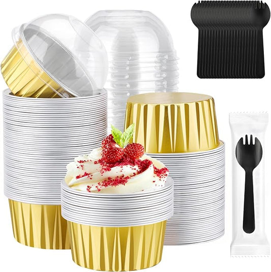 EUSOAR Gold Cupcake Liners with Individually Wrapped Sporks, 120pcs 5oz Disposable Foil Creme Brulee Ramekins with Lids, Foil Baking Cups with Lids for Party Bulk Wedding Birthday Picnic Gathering