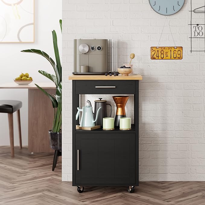 Shintenchi Kitchen Island Cart with Storage,Rolling Kitchen Island Side Table on Wheels with Worktop,Single Door Storage Cabinet and Drawer for Kitchen,Dinning Room, Black