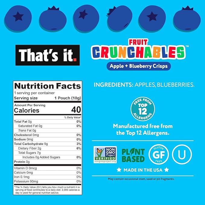 That's it. Fruit Crunchables ??100% Apple + Blueberry Crisps, 15 Pack healthy snacks for kids Plant-Based, Non-GMO, Gluten-Free, No Sugar Added, Healthy Fruit Snacks for Kids & Adults