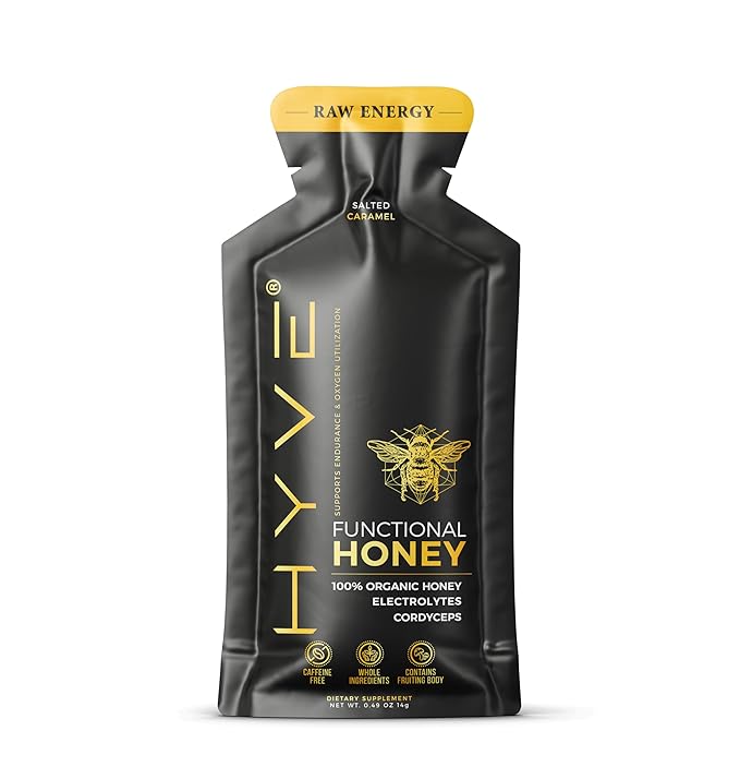 HYVE Functional Pre-workout Honey – Raw Energy Sachets with Organic Cordyceps Mushrooms, Black Lava Sea Salt & Organic Honey – Natural Energy Boost, Pack of 12, Salted Caramel