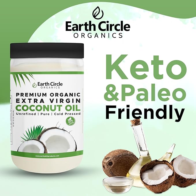 Earth Circle Organics Premium Ultra Pure Extra Virgin Organic Coconut Oil, Cold Pressed, Baking, Smoothies, Skin & Hair Care, Gluten-Free, Keto & Paleo Friendly (32 Ounce Unrefined)