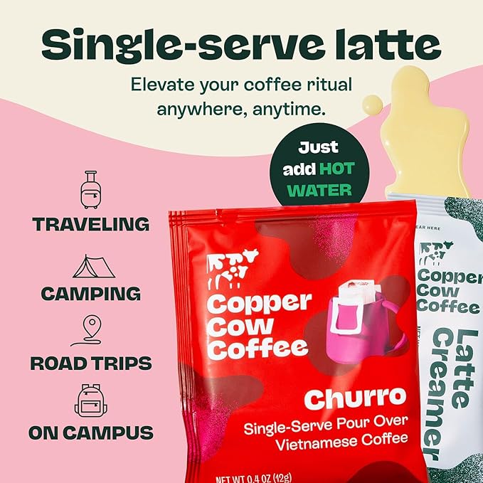 Copper Cow Premium Vietnamese Ground Coffee Variety Pack (15 Coffees & 15 Creamers)| Classic Black, Churro, & Vanilla Latte | Pour Over Single-Serve Lattes, No Refrigeration Needed