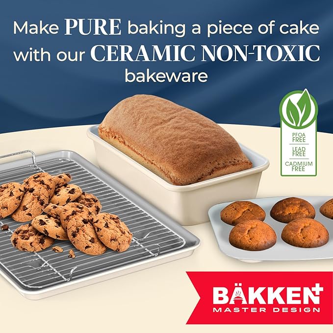 Bakken 8-Piece Stackable Bakeware Set - Ceramic Non-Stick Coating, Baking Sheets, Assorted Baking Pans, PTFE, PFOA & PFOS Free - Healthy Baking, Ergonomic Handles, Cooling Rack, Non-Toxic, Oven-Safe