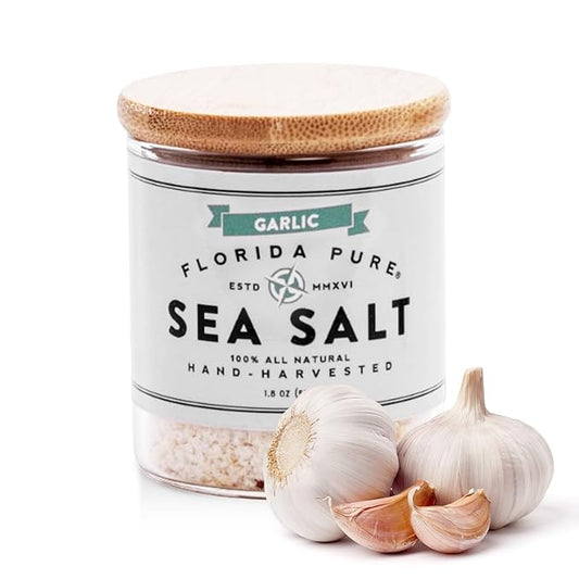 FLORIDA PURE Garlic Sea Salt 80+ Mineral Sea Salt Unrefined Garlic Salt, Non Iodized, Natural Sea Salt for Baking, Cooking, Seasoning & Enhancing Taste, Rich in Taste Flaky Sea Salt (1.8 oz Jar)