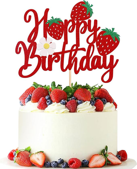 1 Pack Happy Birthday Cake Topper Glitter Strawberry Cake Pick for Fruit Theme Baby Shower Kids Birthday Party Strawberry Fruit Party Cake Decorations Supplies