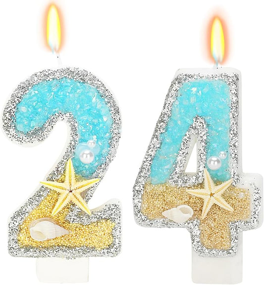 Birthday Candle for Cake, Beach Starfish Sequins Candles, 2.76 inch Cake Topper Decoration for Birthday Party (Number 24)