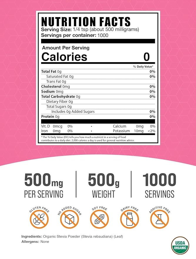 BulkSupplements.com Organic Stevia Powder - Pure Sweetener, Sourced from Stevia Leaves, Herbal Supplement - Vegan & Gluten Free, 500mg per Serving, 500g (1.1 lbs) (Pack of 1)