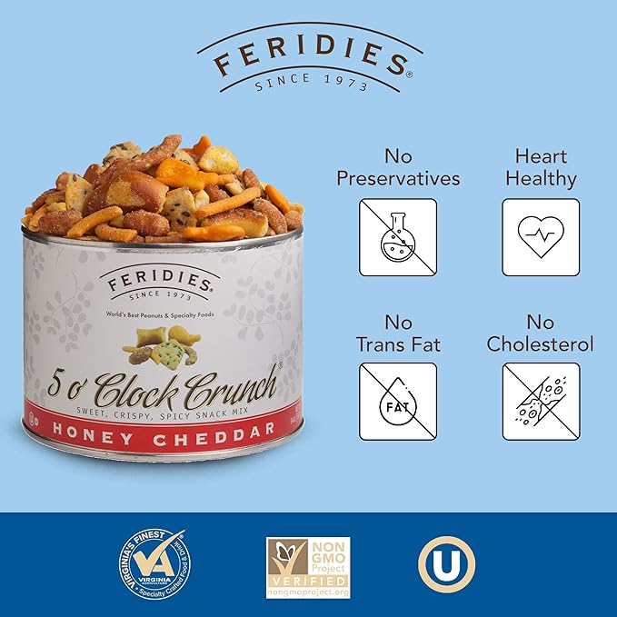 FERIDIES Five O'clock Crunch Honey Cheddar Snack Mix with Premium Virginia Peanuts, 14 Ounce (Pack of 1) Honey Cheddar Mix