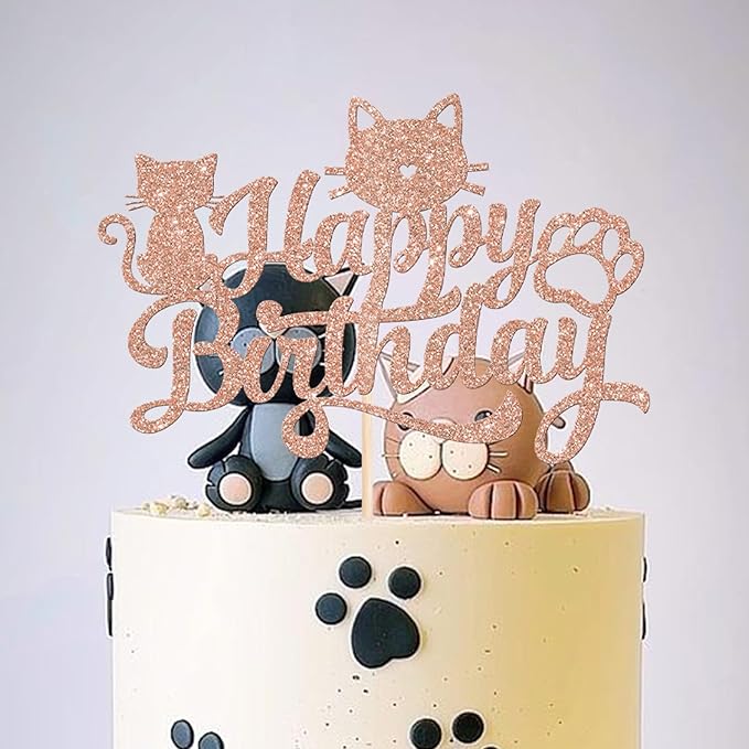 1 Pack Cat Happy Birthday Cake Topper Glitter Black Lovely Cat Cupcake Food Picks Cat Lover Kitten Pet Theme Baby Shower Kids Birthday Wedding Party Cake Decoration Supplies Rose Gold