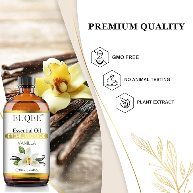 Vanilla Essential Oil 118 ml Premium Vanilla Oil with Glass Dropper, Great for Diffusers, Aromatherapy, Candle Making, DIY Soap - 4Fl.Oz