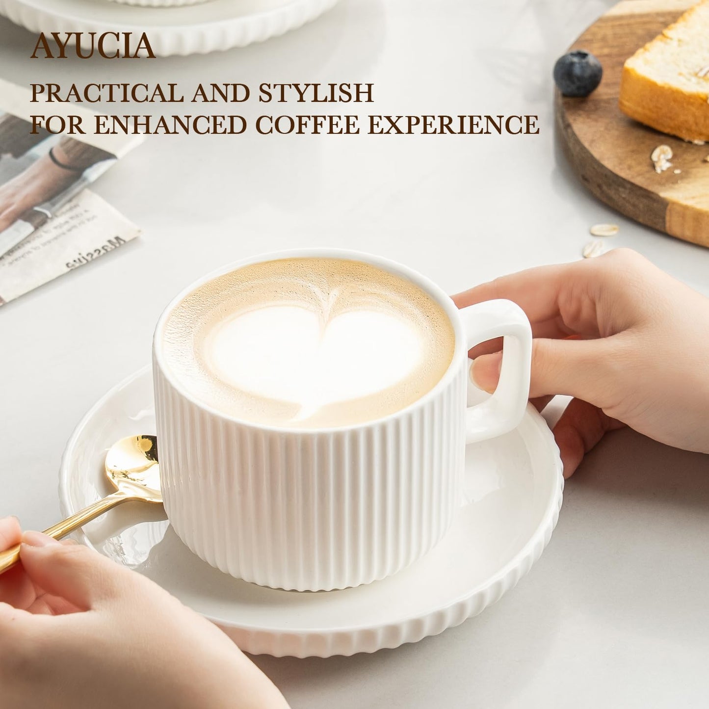 AYUCIA 8 Ounce Cappuccino Cups Set of 4, Latte Mugs with Saucers and Spoons, White Cream Ceramic