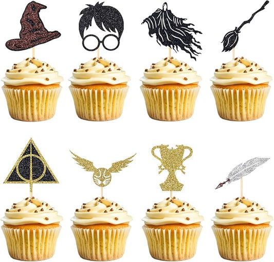 24 Pcs Black Magical Wizard Cupcake Toppers Gold Wizard Hat Flying Broomstick Cupcake Picks Magical School Theme Birthday Halloween Cake Decorations Party Supplies