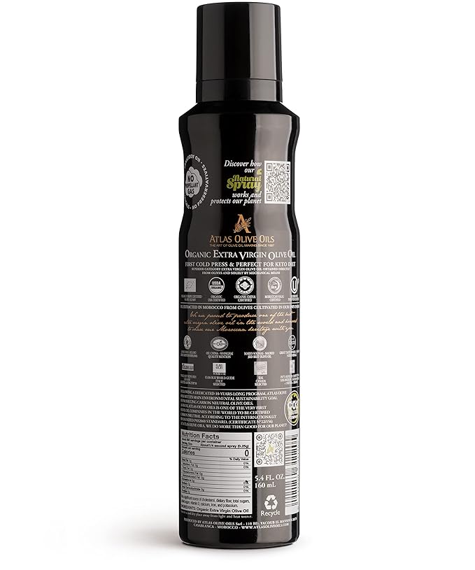 Cooking Oil by Atlas, Extra Virgin Olive Oil Spray, Dual Function Spray and Stream, 5.4 fl oz, Non Stick, Polyphenol Rich Moroccan EVOO, Cold Pressed, Hydroxytyrosol Keto