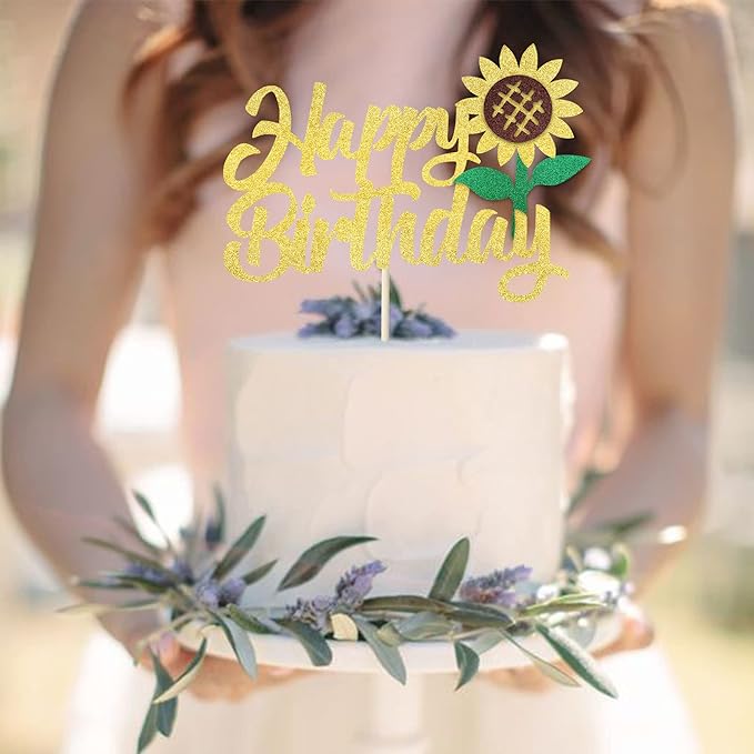 1 Pack Happy Birthday Cake Topper Glitter Sunflower Cake Pick Baby Shower Kids Birthday Summer Baby Shower Cake Decoration Party Supplies