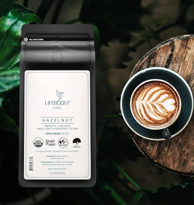 Lifeboost Hazelnut Whole Bean Coffee ??Organic, Low Acid, Non-GMO Hazelnut Flavored Coffee ??Single Origin, Mold-Free Mycotoxin Tested, 12 oz