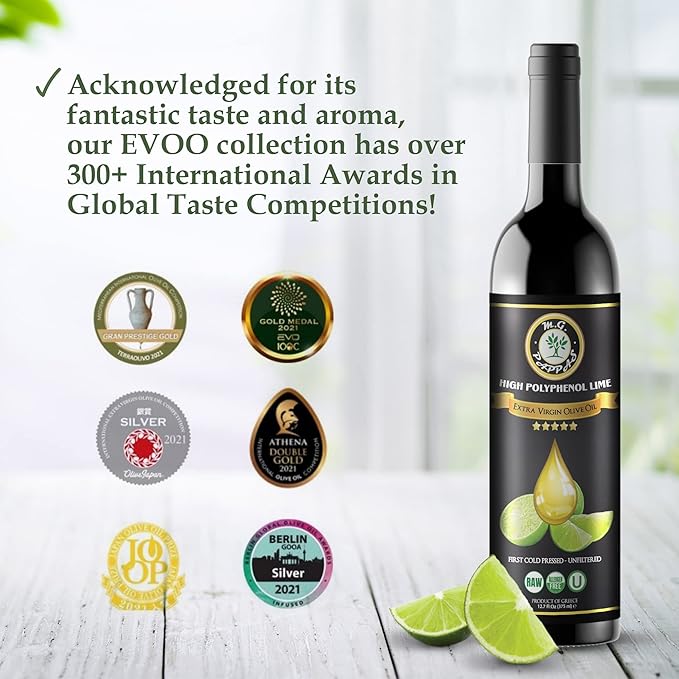 M.G. PAPPAS High Polyphenol Rich Lime Infused Olive Oil Extra Virgin - Over 500mg/kg - Unfiltered Cold Pressed Greek EVOO - Award Winning - Cooking Lime Oil ??12.7 Oz 375ml