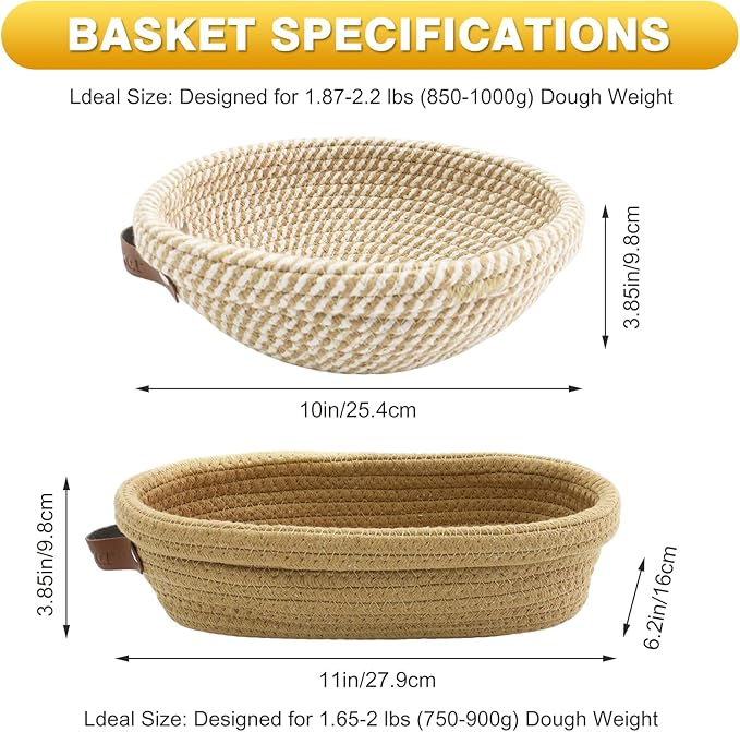 Banneton Bread Proofing Basket Set of 2, 10 Inch Round 11Inch Oval Cotton Rope Sourdough Bread Baking Supplies Proofing Bowls with Liners & Covers Gifts for Bakers Women Wife Mom