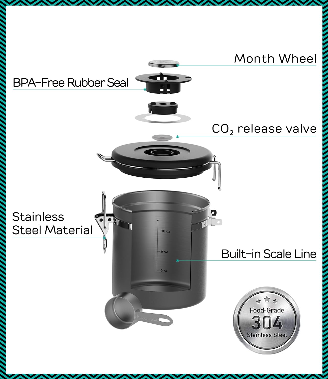 Coffee Gator Coffee Canister, 11oz Airtight Stainless Steel Kitchen Food Storage Container with