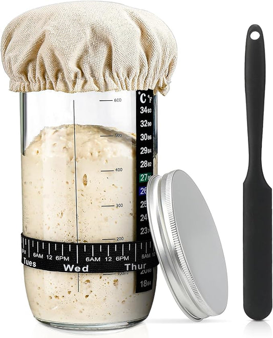 Sourdough Bread Baking Supplies,24 oz Sourdough Starter Jar Glass, Sourdough Starter Kit with Date Marked Feeding Band, Thermometer, Silicone Scraper, Sewn Cloth Cover & Aluminum Lid, Sourdough Jar