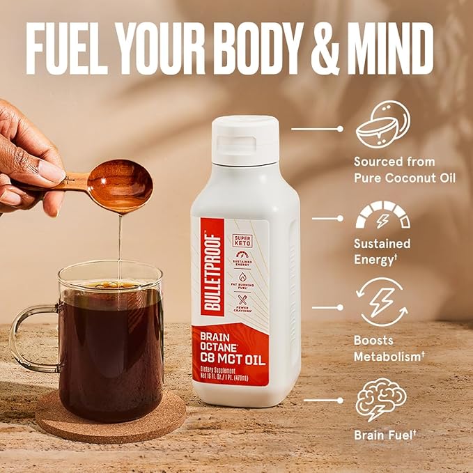 Bulletproof Brain Octane C8 MCT Oil, 16 Ounces (Pack of 2), Keto Supplement for Sustained Energy and Craving Support