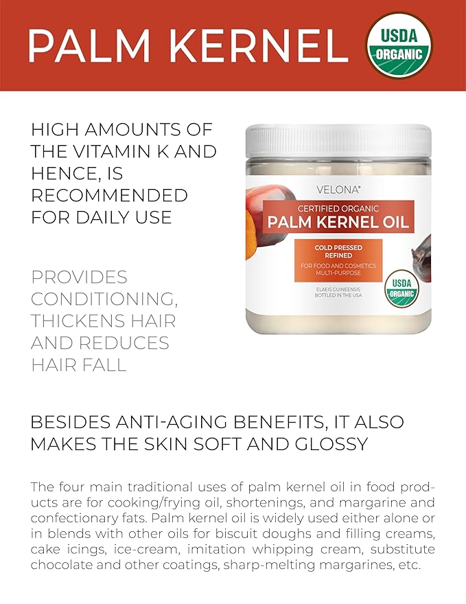 velona USDA Certified Organic Palm Kernel Oil - 16 Fl Oz | 100% Pure and Natural Carrier Oil | Refined, Cold Pressed | Face, Hair, Body & Skin Care | Use Today - Enjoy Results