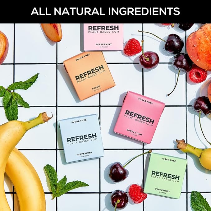 Refresh Gum, Xylitol, Natural, Sugar Free, Long Lasting, Plastic Free, Organic Ingredients, Non GMO, Peppermint, Garden Mint, Bubble Gum, Peach & Raspberry Variety Pack, 12 Pcs, 6 Pack