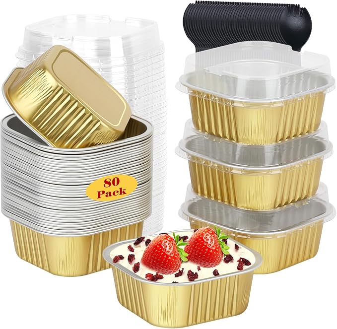 5oz/80pack Foil Mini Cake Baking Pans with Lids,LNYZQUS Small Disposable Ramekins Cupcake Tins Muffin Baking Cups,Aluminum Square Brownie Pan Mini Cheesecake Containers-Gold