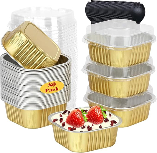 5oz/80pack Foil Mini Cake Baking Pans with Lids,LNYZQUS Small Disposable Ramekins Cupcake Tins Muffin Baking Cups,Aluminum Square Brownie Pan Mini Cheesecake Containers-Gold