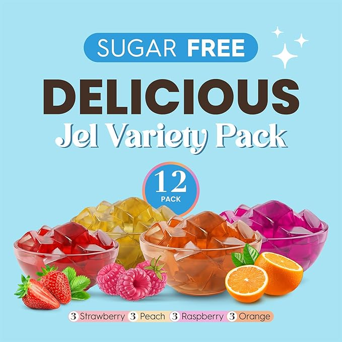 Simply Desserts Sugar-Free Jel Variety 12-Pack (Raspberry, Peach, Orange, Strawberry) ??Vegan Dessert, Keto Snacks, Diabetic Friendly & Kosher, 1.7 Oz Ea