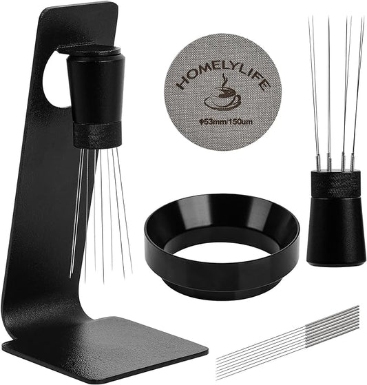 WDT Tools Espresso Puck Screen, 53mm Espresso Accessories Kit - 150關m Puck Screen Set, 0.25mm 316 Stainless Steel 8 Needles Coffee Distribution Stirrer, Portafilter Dosing Ring for Barista Black