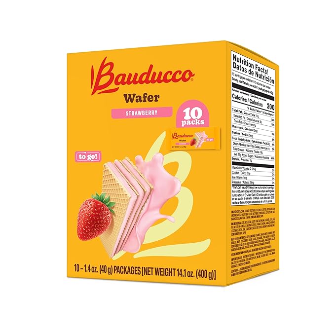 Bauducco Wafer Cookies, Strawberry, Single Serve, 14.1 oz (Pack of 10) - Individually Wrapped Crispy Wafers - Triple-Layer Cream-Filled Dessert - Convenient Indulgence To-Go.