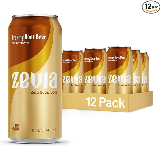 Zevia Zero Sugar Soda, Creamy Root Beer, 16 oz Cans (12-Pack) ??Naturally Sweetened, Non-GMO Project Verified, Gluten-Free, Vegan