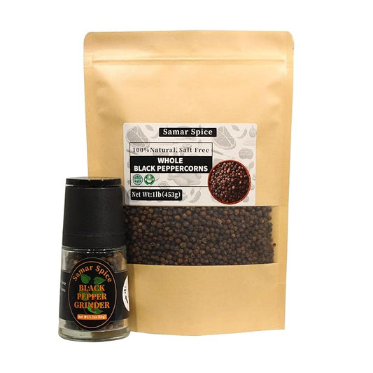 Whole Black Peppercorns with Adjustable Grinder(2.1oz+16oz) & Refill Pack | Restaurants & Home Cooks | Enhances Meat, Beef, Steak & Meat Lovers' Dishes (60g+453g)