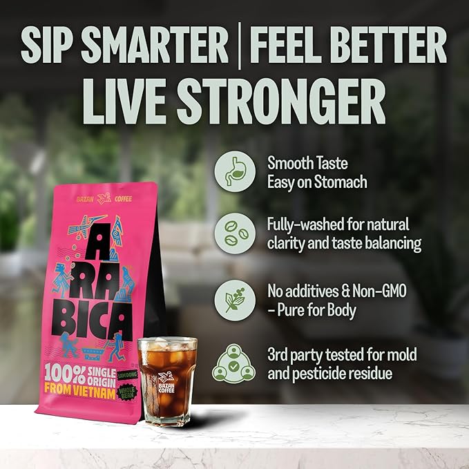 BAZAN COFFEE Vietnamese Specialty Arabica - Medium Roast, Organic Whole Bean Coffee with Rich Notes of Caramel & Warm Spice, Low Acidity, Fresh Roasted, 12 oz Bag