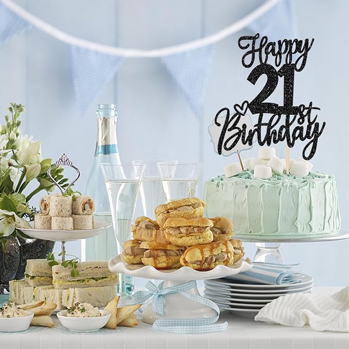 1 PCS Happy 21st Birthday Cake Topper Glitter Cheers to 21 Years Birthday Cake Pick Twenty One 21 Fabulous Cake Decoration for Happy 21st Birthday Anniversary Party Decorations Supplies Black